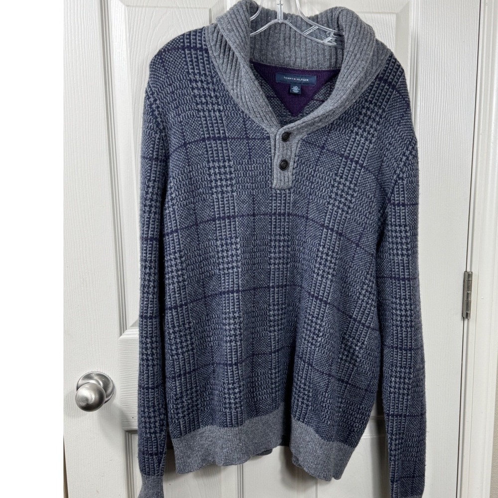 Tommy Hilfiger Mens L Shawl Collar Button Up Sweater Blue Wool Electic‎ Grandpa